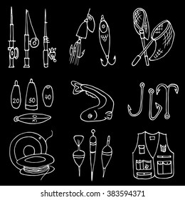 Hand drawn scribble icon set. Fishing gear collection. White stroke on black background.