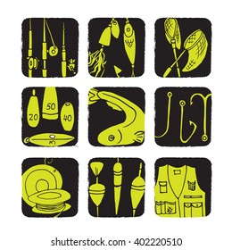 Hand drawn scribble icon set. Fishing gear collection. Round  grey background with colorful  fishing kit.