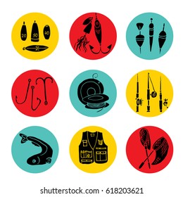 Hand drawn scribble icon set. Fishing gear collection. Round  grey background with colorful  fishing kit.