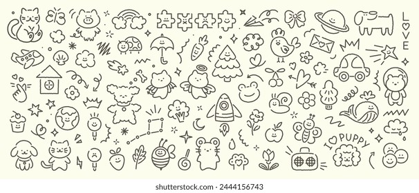 Hand drawn scribble kid doodle icon set. Cute children set of sun, flower, smile, heart, animal, cloud, star, rainbow, fruit. Vector trendy sketch childish elements for stickers, patterns, banners.