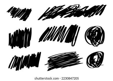 Hand drawn Scribble line brush strokes set. Doodle style sketched Elements