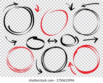 Hand drawn scribble line circles and arrows.  doodle round circles for message note mark design element. vector illustration