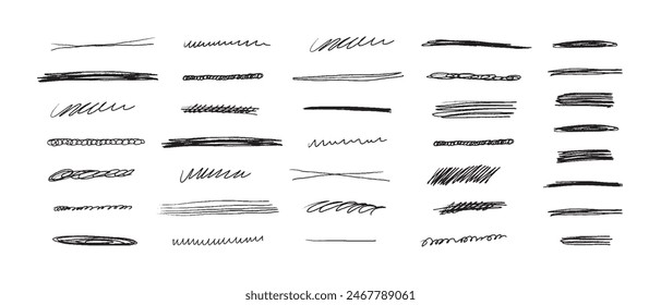 Hand drawn scribble line set. Doodle collection of handmade lines, underlines and elements. Lettering art lines isolated on white background.