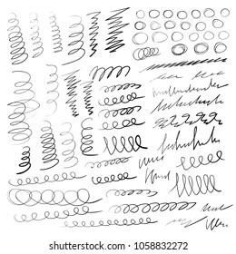 Hand drawn scribble line sketch set. Scribble doodle note mark design element. Pencil or pen graffiti scribble, spiral draft vector illustration.