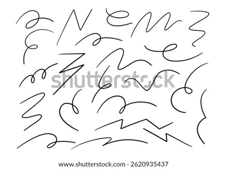 Hand Drawn Scribble Line And Stroke. A spontaneous collection of 22 hand drawn scribble lines and flowing strokes in various abstract forms including loops zigzags wave. Perfect for expressive playful