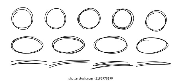 Hand drawn scribble lines, circles and ovals. Doodle sketch underlines. Highlight circle frames. Ellipses in doodle style. Set of vector illustration isolated on white background.