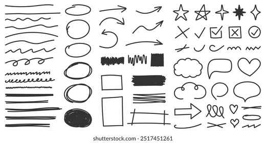 Dibujado a mano líneas de garabato, círculos, flechas, estrellas, burbujas de discurso y otras Formas, Vector eps10 ilustración