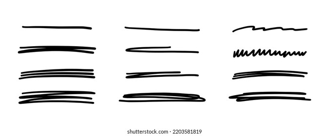 Hand drawn scribble lines. Doodle marker line stripes collection. Swift crossed and wavy underlines. Handmade scribble dividers. Vector illustration isolated on white background.