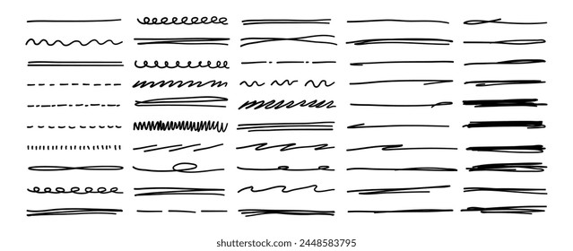 Hand drawn scribble lines. Swift crossed and wavy underlines by pen, pencil, marker. Vector strokes isolated on white background.