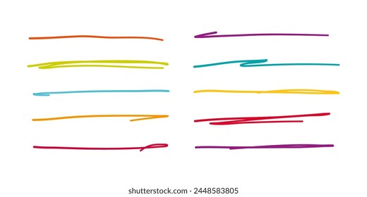 Líneas dibujadas a mano a mano. Subrayado rápido, cruzado y ondulado con lápiz, marcador. Trazos de Vector de color aislados sobre fondo blanco.