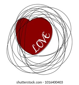 Hand drawn scribble object with heart and word LOVE. Isolated scrawl sketch on white background