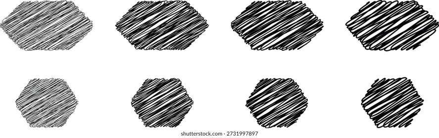 Formas de octágono de garabato dibujadas a mano con sombreado de lápiz áspero. Los símbolos geométricos incompletos muestran líneas desiguales y rellenos texturizados. Ideal para fondos abstractos, recursos de diseño, iconos y diseños creativos.