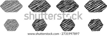 Hand drawn scribble octagon shapes with rough pencil shading. Sketchy geometric symbols show uneven lines and textured fills. Ideal for abstract backgrounds, design assets, icons, and creative layouts.