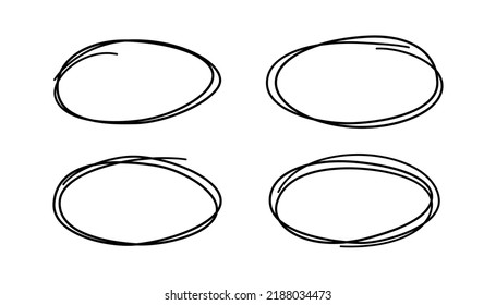 Handgezeichnete Schreib-Eizellen. Doodle-Skizze unterstreicht. Markieren Sie Circle Frames. Ellipse im Doodle-Stil. Satz Vektorgrafik einzeln auf weißem Hintergrund.