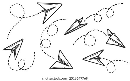 Hand drawn scribble Paper airplane vector icon . Doodle sketch outline style. Simple origami scribble aircraft element. Drawing doodle vector illustration.