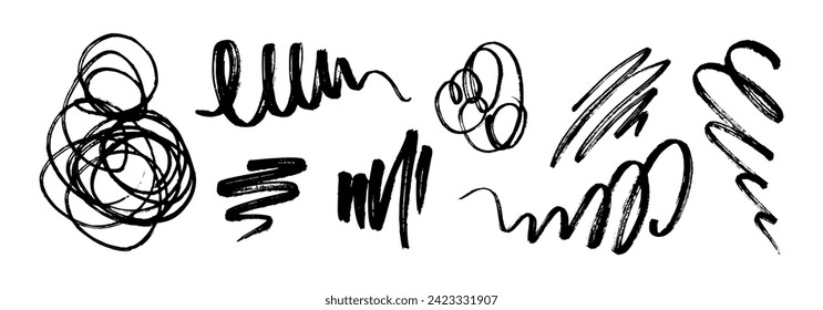 Hand Drawn Scribble Pencil Line Set. Scratch Texture Sketchy Graphic Collection. Sloppy Hatching, Highlighter for Modern Design. Vector Illustration Isolated on White Background. Ballpoint Round Swirl