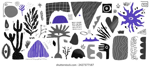  Hand drawn scribble with plants and punk hand and leaf.  Doodles with purple abstact shapes. Y2k contemporary zin art. Vector grunge illustration. New school. 