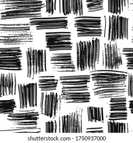 Hand drawn scribble seamless pattern. Monochrome grunge line wallpaper. Brush stroke background. Vector illustration. Decorative backdrop for fabric design, textile print, wrapping, cover.