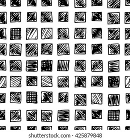 Hand drawn scribble, seamless pattern of doodle rectangles, isolated on white background. Vector texture illustration. Logo design elements. Abstract geometric backdrop.
