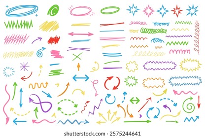 Hand drawn scribble set colorful underline element drawing art arrow highlight vignetting decoration freehand mark simple crayons pen graphic design resources