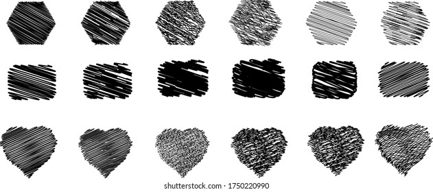 Hand Drawn scribble Shapes, scribble heart, shapes, Various types of scribble shapes. Vector shapes.