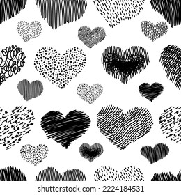 Hand drawn scribble sketch hearts seamless pattern. Abstract line black background. Contemporary hand drawn doodle hearts shapes backdrop. Spots, drops, curves, Lines.
