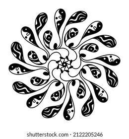 Hand drawn scribble spider web mandala isolated on white background. Cute doodle squid, octopus, tentacles, alien, aster, Chrysanthemum, dreamcatcher. Coloring page for adult and kids. Antistress book