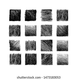 Hand drawn scribble squares isolated on white background. Grunge graphic elements. Scribble pen strokes set, logo design element. Vector illustrations.