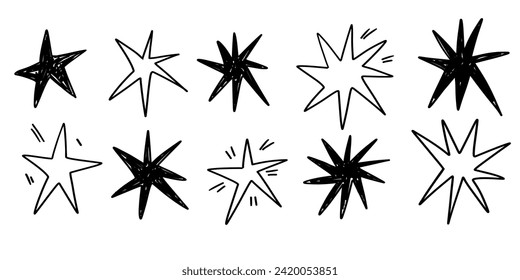 Estrellas dibujadas a mano garabatos doodle dibujando a mano brillante colección de elementos cómicos monocromos al estilo grunge del graffiti.