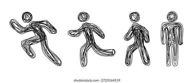 Hand drawn scribble stick figures set showing progression from running to standing. Vector doodle man in motion, walking and active poses.