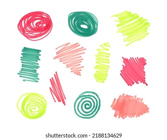 Hand drawn scribble and strokes with felt pen. Colored elements for disign drawn with markers isolated on white background. Vector illustration.