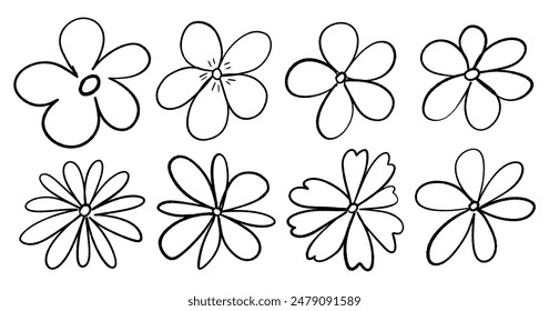 Hand drawn, scribble style flower icons. Vector illustration.