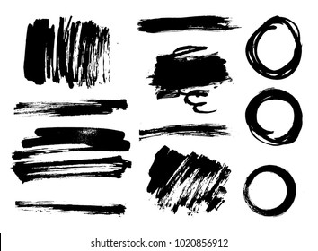 Hand drawn scribble symbols isolated on white background. Doodle style sketched Elements. Ink blots. Vector Grunge Brushes Stroke . Circle Frame. Logo Design .