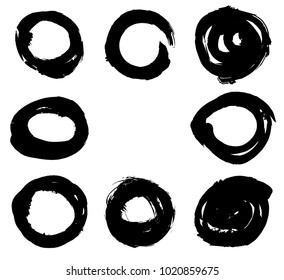 Hand drawn scribble symbols isolated on white background. Doodle style sketched Elements. Ink blots. Vector Grunge Brushes Stroke . Circle Frame. Logo Design .