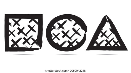 Hand drawn scribble symbols isolated on white background. Doodle style sketched Elements. Ink blots. Vector Grunge triangle, square . Circle Frame. Logo Design .