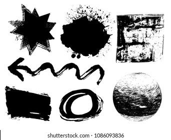 Hand drawn scribble symbols isolated on white background. Doodle style sketched Elements. Ink blots. Vector Grunge Brushes Stroke . Circle Frame. Logo Design . Crosses, arrows.