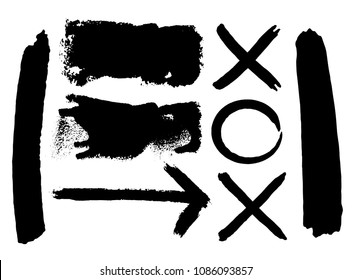 Hand drawn scribble symbols isolated on white background. Doodle style sketched Elements. Ink blots. Vector Grunge Brushes Stroke . Circle Frame. Logo Design . Crosses, arrows.