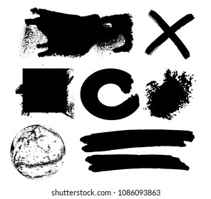 Hand drawn scribble symbols isolated on white background. Doodle style sketched Elements. Ink blots. Vector Grunge Brushes Stroke . Circle Frame. Logo Design . Crosses, arrows.