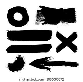 Hand drawn scribble symbols isolated on white background. Doodle style sketched Elements. Ink blots. Vector Grunge Brushes Stroke . Circle Frame. Logo Design . Crosses, arrows.