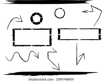 Hand drawn scribble symbols isolated on white background. Doodle style sketched Elements. Ink blots. Vector Grunge Brushes Stroke . Circle Frame. Logo Design .  arrows.