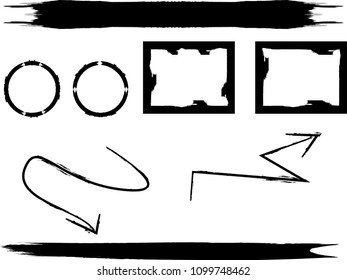 Hand drawn scribble symbols isolated on white background. Doodle style sketched Elements. Ink blots. Vector Grunge Brushes Stroke . Circle Frame. Logo Design .  arrows.