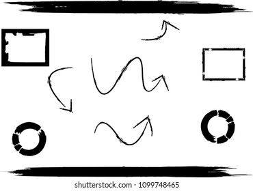 Hand drawn scribble symbols isolated on white background. Doodle style sketched Elements. Ink blots. Vector Grunge Brushes Stroke . Circle Frame. Logo Design .  arrows.