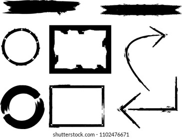 Hand drawn scribble symbols isolated on white background. Doodle style sketched Elements. Ink blots. Vector Grunge Brushes Stroke . Circle Frame. Logo Design .  arrows.