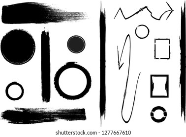 Hand drawn scribble symbols isolated on white background. Doodle style sketched Elements. Ink blots. Vector Grunge Brushes Stroke . Circle Frame. Logo Design .