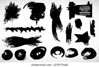 Hand drawn scribble symbols isolated on white background. Doodle style sketched Elements. Ink blots. Vector Grunge Brushes Stroke . Circle Frame. Logo Design .