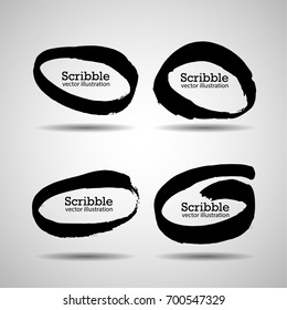 Hand drawn scribble symbols isolated on white background. Doodle style sketched Elements. Ink blots. Vector Grunge Brushes Stroke . Circle Frame. Logo Design .
