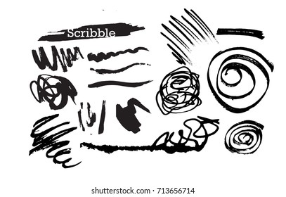 Hand drawn scribble symbols isolated on white background. Doodle style sketched Elements. Ink blots. Vector Grunge Brushes Stroke . Circle Frame. Logo Design .