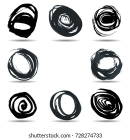 Hand drawn scribble symbols isolated on white background. Doodle style sketched Elements. Ink blots. Vector Grunge Brushes Stroke . Circle Frame. Logo Design .