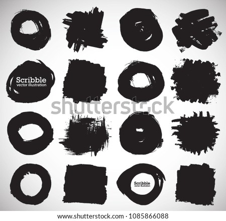 Hand drawn scribble symbols isolated on white background. Doodle style sketched Elements. Ink blots. Vector Grunge Brushes Stroke . Circle Frame. Logo Design .