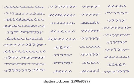 Hand drawn scribble wavy lines set. Chalk border divider collection. Pencil texture doodle curly stripe. Freehand ink sketch drawing scrawl for card, postcard, invitation. Vintage vector illustration